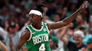 Jun 17, 2024; Boston, Massachusetts, USA; Boston Celtics guard Jrue Holiday (4) celebrates after making a thee pointer against the Dallas Mavericks in game five of the 2024 NBA Finals at TD Garden. Mandatory Credit: Peter Casey-Imagn Images