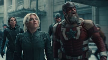 (L-R) Bucky Barnes (Sebastian Stan), Ghost (Hannah John-Kamen), Yelena Belova (Florence Pugh), John Walker (Wyatt Russell), and Red Guardian/Alexei Shostakov (David Harbour) in Marvel Studios' THUNDERBOLTS*. Photo courtesy of Marvel Studios. © 2024 MARVEL.