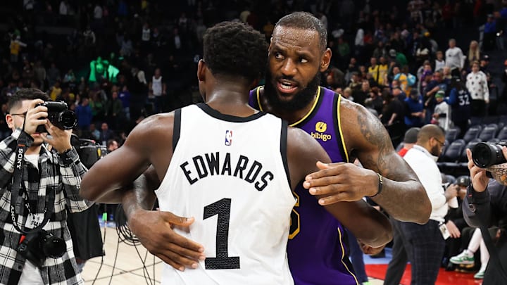 Mar 31, 2023; Minneapolis, Minnesota, USA; Minnesota Timberwolves guard Anthony Edwards (1) and Los Angeles Lakers forward LeBron James (6) hug after the game at Target Center. Mandatory Credit: Matt Krohn-Imagn Images Mar 31, 2023; Minneapolis, Minnesota, USA; Minnesota Timberwolves guard Anthony Edwards (1) and Los Angeles Lakers forward LeBron James (6) hug after the game at Target Center. Mandatory Credit: Matt Krohn-Imagn Images