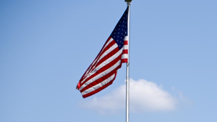 Mar 18, 2020; Tampa Bay, Florida, USA; General view of an American flag as the Tampa Bay Downs is closed to the public at Tampa Bay Downs.