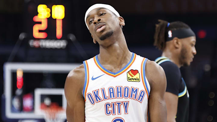 Mar 12, 2024; Oklahoma City, Oklahoma, USA; Oklahoma City Thunder guard Shai Gilgeous-Alexander (2) reacts during a time out against the Indiana Pacers during the second half at Paycom Center. Mandatory Credit: Alonzo Adams-Imagn Images