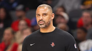 Jan 28, 2025; Atlanta, Georgia, USA; Houston Rockets head coach Ime Udoka on the sideline against the Atlanta Hawks in the third quarter at State Farm Arena. Mandatory Credit: Brett Davis-Imagn Images