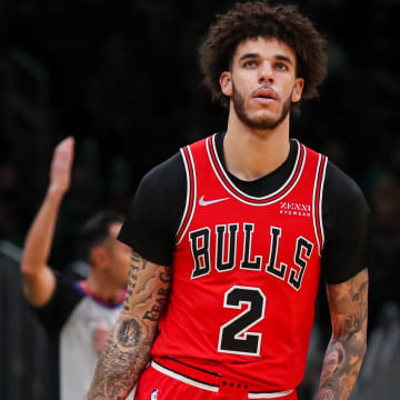 Nov 1, 2021; Boston, Massachusetts, USA; Chicago Bulls guard Lonzo Ball (2) reacts after making a shot during the first half against the Boston Celtics at TD Garden. Mandatory Credit: Paul Rutherford-USA TODAY Sports