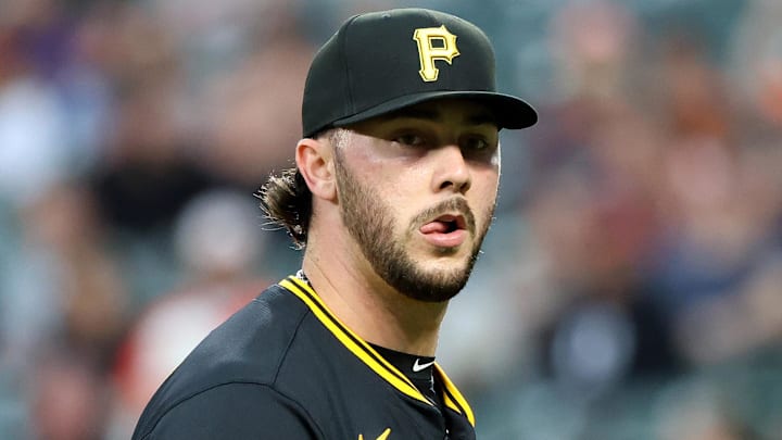 Sep 10, 2025; Baltimore, Maryland, USA; Pittsburgh Pirates pitcher Paul Skenes (30) looks on during the first inning against Baltimore Orioles at Oriole Park at Camden Yards. Mandatory Credit: Daniel Kucin Jr.-Imagn Images