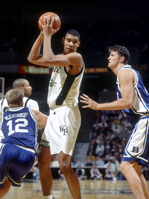 Wake Forest center Tim Duncan (21) in action against Duke forward Cherokee Parks (right) at the LJVC Coliseum.
