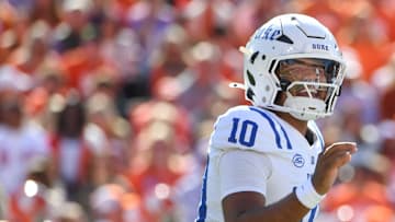 Duke Blue Devils quarterback Darian Mensah (10) yells to the sideline Saturday, Nov. 1, 2025, during the NCAA football game against the Clemson Tigers.