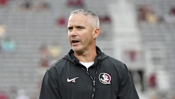 Oct 5, 2024; Tallahassee, Florida, USA; Florida State Seminoles head coach Mike Norvell reacts before the game against the Clemson Tigers at Doak S. Campbell Stadium. Mandatory Credit: Melina Myers-Imagn Images
