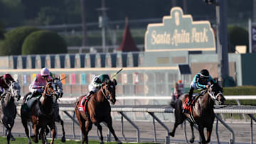 Nov 4, 2023; Santa Anita, CA, USA; Nobals (7), with jockey Gerardo Corrales up, beats Big Invasion (1), with jockey Joel Rosario up. to win the BREEDERS' CUP TURF SPRINT during the 2023 Breeders' Cup World Championships at Santa Anita Park.