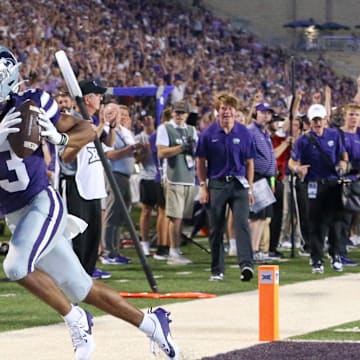 Aug 31, 2024; Manhattan, Kansas, USA; Kansas State Wildcats running back Dylan Edwards (3) makes a touchdown catch during the fourth quarter against the Tennessee-Martin Skyhawks at Bill Snyder Family Football Stadium. Mandatory Credit: Scott Sewell-Imagn Images