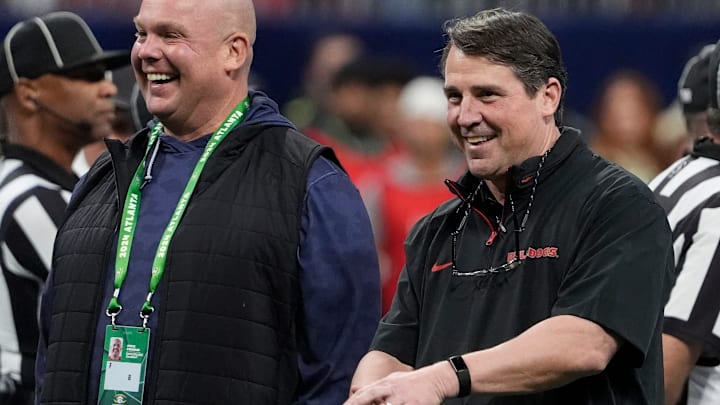 Georgia Co-Defensive Coordinator Will Muschamp looks on before the start of the SEC championship game against Texas in Atlanta, on Saturday, Dec. 7, 2024.