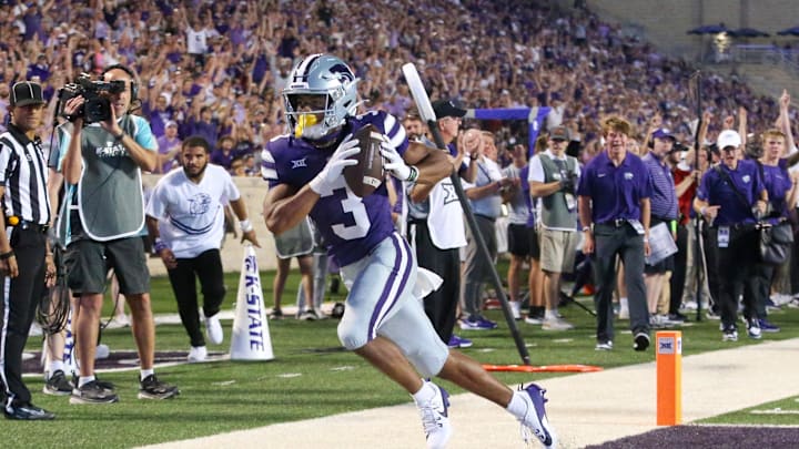 Aug 31, 2024; Manhattan, Kansas, USA; Kansas State Wildcats running back Dylan Edwards (3) makes a touchdown catch during the fourth quarter against the Tennessee-Martin Skyhawks at Bill Snyder Family Football Stadium. Mandatory Credit: Scott Sewell-Imagn Images