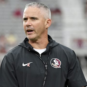 Oct 5, 2024; Tallahassee, Florida, USA; Florida State Seminoles head coach Mike Norvell reacts before the game against the Clemson Tigers at Doak S. Campbell Stadium. Mandatory Credit: Melina Myers-Imagn Images