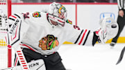 Feb 1, 2025; Sunrise, Florida, USA;  Chicago Blackhawks goaltender Petr Mrazek (34) makes a save against the Florida Panthers in the second period at Amerant Bank Arena. Mandatory Credit: Jim Rassol-Imagn Images