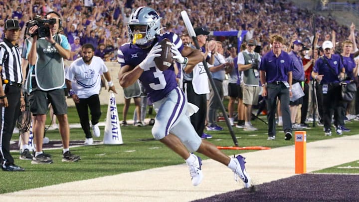 Aug 31, 2024; Manhattan, Kansas, USA; Kansas State Wildcats running back Dylan Edwards (3) makes a touchdown catch during the fourth quarter against the Tennessee-Martin Skyhawks at Bill Snyder Family Football Stadium. Mandatory Credit: Scott Sewell-Imagn Images