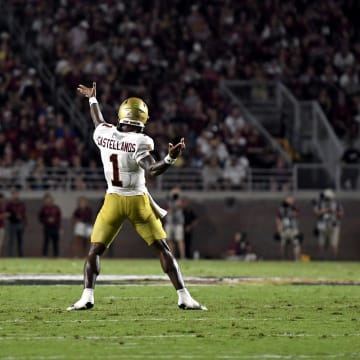 Sep 2, 2024; Tallahassee, Florida, USA; Boston College Eagles quarterback Thomas Castellanos (1) celebrates a touchdown pass during the first half against the Florida State Seminoles at Doak S. Campbell Stadium. Mandatory Credit: Melina Myers-USA TODAY Sports