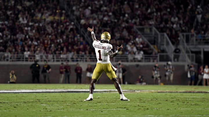 Sep 2, 2024; Tallahassee, Florida, USA; Boston College Eagles quarterback Thomas Castellanos (1) celebrates a touchdown pass during the first half against the Florida State Seminoles at Doak S. Campbell Stadium. Mandatory Credit: Melina Myers-USA TODAY Sports