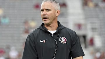 Oct 5, 2024; Tallahassee, Florida, USA; Florida State Seminoles head coach Mike Norvell reacts before the game against the Clemson Tigers at Doak S. Campbell Stadium. Mandatory Credit: Melina Myers-Imagn Images