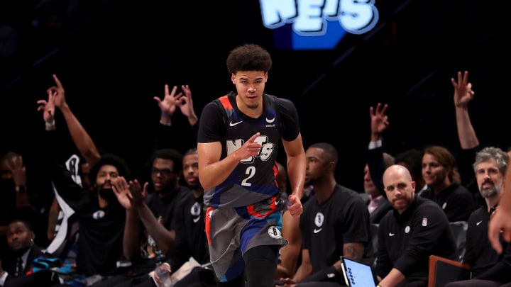 Jan 31, 2024; Brooklyn, New York, USA; Brooklyn Nets forward Cameron Johnson (2) celebrates his three point shot against the Phoenix Suns during the first quarter at Barclays Center. Mandatory Credit: Brad Penner-USA TODAY Sports