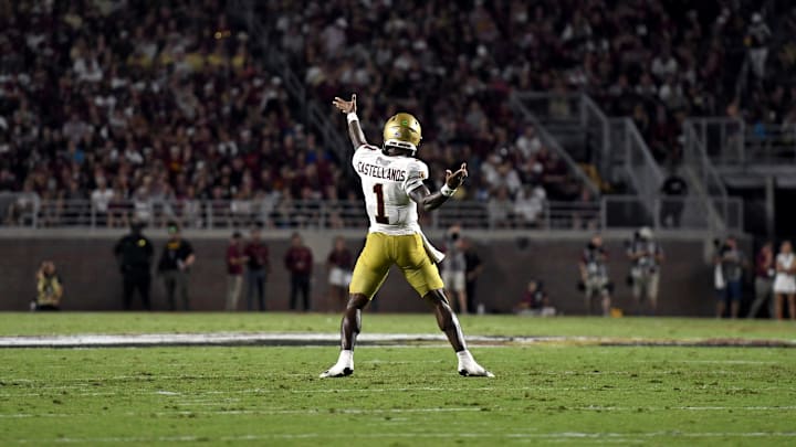 Sep 2, 2024; Tallahassee, Florida, USA; Boston College Eagles quarterback Thomas Castellanos (1) celebrates a touchdown pass during the first half against the Florida State Seminoles at Doak S. Campbell Stadium. Mandatory Credit: Melina Myers-Imagn Images