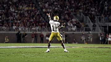 Sep 2, 2024; Tallahassee, Florida, USA; Boston College Eagles quarterback Thomas Castellanos (1) celebrates a touchdown pass during the first half against the Florida State Seminoles at Doak S. Campbell Stadium. Mandatory Credit: Melina Myers-Imagn Images