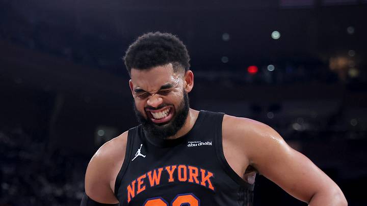 Apr 20, 2026; New York, New York, USA; New York Knicks center Karl-Anthony Towns (32) reacts during the third quarter of game two of the first round of the 2026 NBA Playoffs against the Atlanta Hawks at Madison Square Garden. Mandatory Credit: Brad Penner-Imagn Images