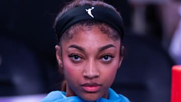 Aug 28, 2025; Phoenix, Arizona, USA; Chicago Sky forward Angel Reese (5) against the Phoenix Mercury in the first half at Phx Arena. Mandatory Credit: Mark J. Rebilas-Imagn Images