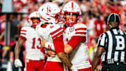 Nebraska receiver Dane Key (left) celebrates his touchdown reception with quarterback Dylan Raiola in the Huskers' win over Cincinnati.