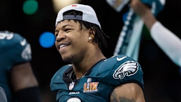 Feb 9, 2025; New Orleans, LA, USA; Philadelphia Eagles linebacker Nolan Smith Jr. (3) celebrates after defeating the Kansas City Chiefs during Super Bowl LIX at Ceasars Superdome. Mandatory Credit: Mark J. Rebilas-Imagn Images