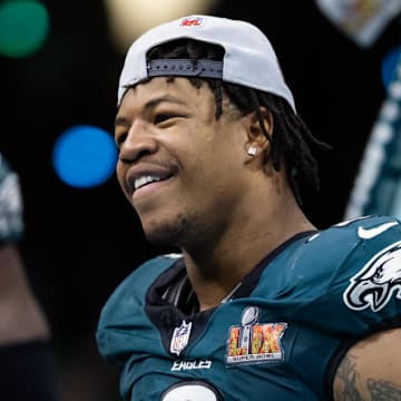 Feb 9, 2025; New Orleans, LA, USA; Philadelphia Eagles linebacker Nolan Smith Jr. (3) celebrates after defeating the Kansas City Chiefs during Super Bowl LIX at Ceasars Superdome. Mandatory Credit: Mark J. Rebilas-Imagn Images