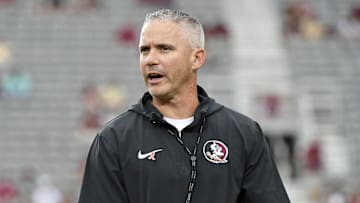 Oct 5, 2024; Tallahassee, Florida, USA; Florida State Seminoles head coach Mike Norvell reacts before the game against the Clemson Tigers at Doak S. Campbell Stadium. Mandatory Credit: Melina Myers-Imagn Images