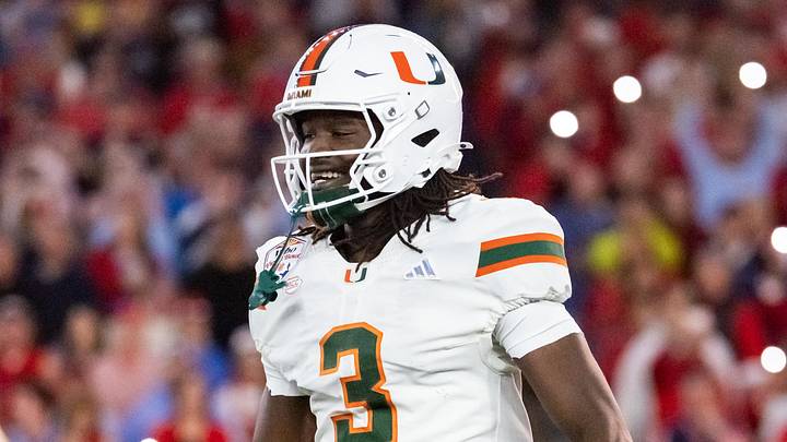 Jan 8, 2026; Glendale, AZ, USA; Miami Hurricanes wide receiver Joshua Moore (3) against the Mississippi Rebels during the 2026 Fiesta Bowl and semifinal game of the College Football Playoff at State Farm Stadium. Mandatory Credit: Mark J. Rebilas-Imagn Images