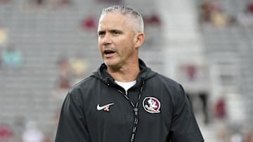 Oct 5, 2024; Tallahassee, Florida, USA; Florida State Seminoles head coach Mike Norvell reacts before the game against the Clemson Tigers at Doak S. Campbell Stadium. Mandatory Credit: Melina Myers-Imagn Images