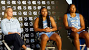 North Carolina head coach Courtney Banghart, junior guard Reniya Kelly and senior guard Indya Nivar 