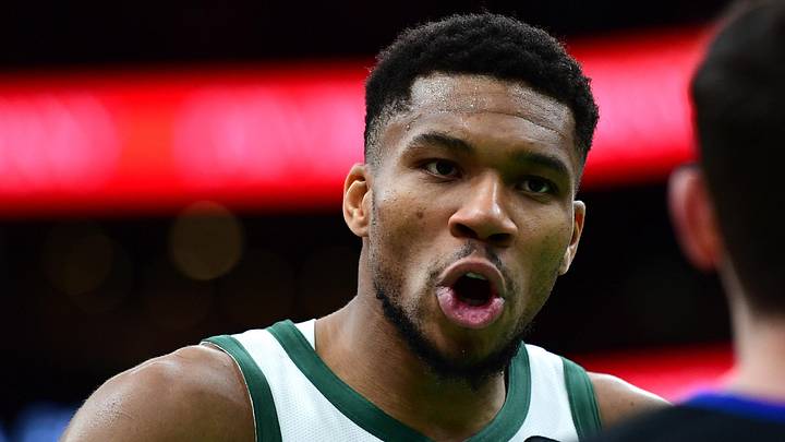 Dec 6, 2024; Boston, Massachusetts, USA;  Milwaukee Bucks forward Giannis Antetokounmpo (34) has words with crew chief Ben Taylor during the second half at TD Garden. Mandatory Credit: Bob DeChiara-Imagn Images