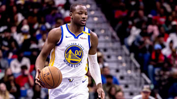 Nov 22, 2024; New Orleans, Louisiana, USA;  Golden State Warriors forward Jonathan Kuminga (00) brings the ball up court against the New Orleans Pelicans during second half at Smoothie King Center. Mandatory Credit: Stephen Lew-Imagn Images