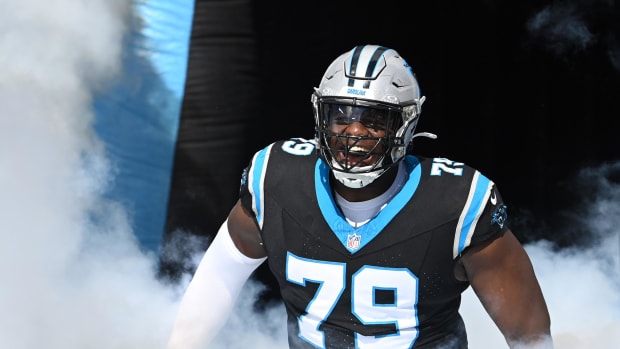 Carolina Panthers offensive tackle Ikem Ekwonu (79) runs on to the field. Bob Donnan-USA TODAY Sports