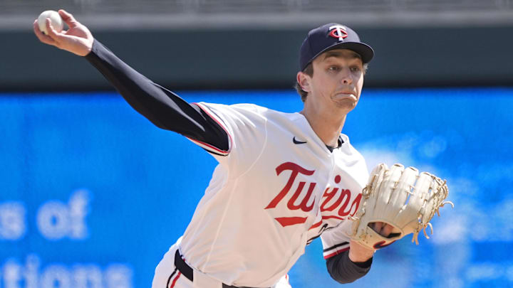 Apr 9, 2026; Minneapolis, Minnesota, USA; Minnesota Twins starting pitcher Mick Abel (20) throws to the Detroit Tigers in the first inning at Target Field. Mandatory Credit: Bruce Kluckhohn-Imagn Images