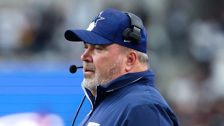 Sep 15, 2024; Arlington, Texas, USA; Dallas Cowboys head coach Mike McCarthy reacts during the first half against the New Orleans Saints at AT&T Stadium. Mandatory Credit: Kevin Jairaj-Imagn Images