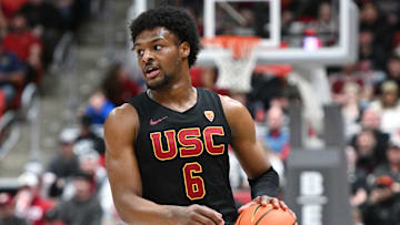 Feb 29, 2024; Pullman, Washington, USA; USC Trojans guard Bronny James (6) controls the ball against the Washington State Cougars in the second half at Friel Court at Beasley Coliseum. Washington State Cougars won 75-72. Mandatory Credit: James Snook-USA TODAY Sports