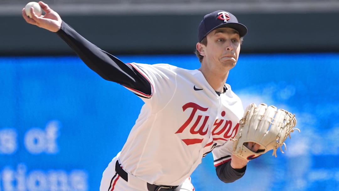 Apr 9, 2026; Minneapolis, Minnesota, USA; Minnesota Twins starting pitcher Mick Abel (20) throws to the Detroit Tigers in the first inning at Target Field. Apr 9, 2026; Minneapolis, Minnesota, USA; Minnesota Twins starting pitcher Mick Abel (20) throws to the Detroit Tigers in the first inning at Target Field.
