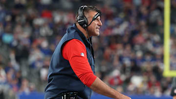 Aug 21, 2025; East Rutherford, New Jersey, USA; New England Patriots head coach Mike Vrabel reacts during the first half against the New York Giants at MetLife Stadium. Mandatory Credit: Vincent Carchietta-Imagn Images