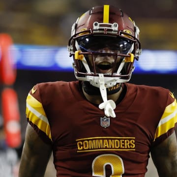 Aug 21, 2023; Landover, Maryland, USA; Washington Commanders wide receiver Dyami Brown (2) celebrates after scoring a touchdown against the Baltimore Ravens during the second quarter at FedExField. Mandatory Credit: Geoff Burke-USA TODAY Sports