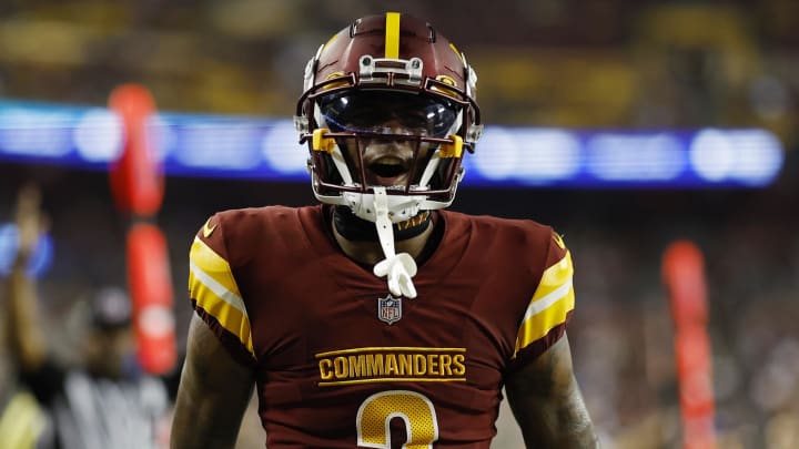 Aug 21, 2023; Landover, Maryland, USA; Washington Commanders wide receiver Dyami Brown (2) celebrates after scoring a touchdown against the Baltimore Ravens during the second quarter at FedExField. Mandatory Credit: Geoff Burke-USA TODAY Sports