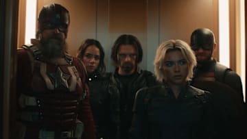 (L-R): Alexei Shostakov/Red Guardian (David Harbour), Ghost (Hannah John-Kamen), Bucky Barnes (Sebastian Stan), Yelena Belova (Florence Pugh), and John Walker (Wyatt Russell) in Marvel Studios' THUNDERBOLTS*. Photo courtesy of Marvel Studios. © 2024 MARVEL.