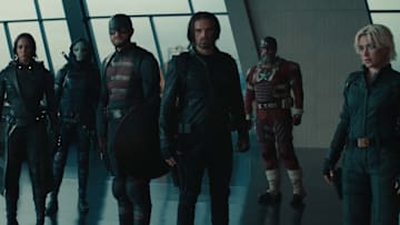(L-R): Ghost (Hannah John-Kamen), Taskmaster (Olga Kurylenko), John Walker (Wyatt Russell), Bucky Barnes (Sebastian Stan), Alexei Shostakov/Red Guardian (David Harbour), and Yelena Belova (Florence Pugh) in Marvel Studios' THUNDERBOLTS*. Photo courtesy of Marvel Studios. © 2024 MARVEL.