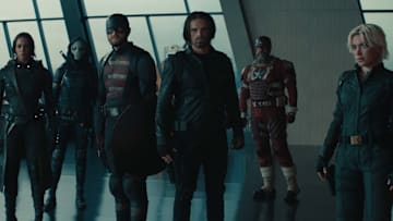 (L-R): Ghost (Hannah John-Kamen), Taskmaster (Olga Kurylenko), John Walker (Wyatt Russell), Bucky Barnes (Sebastian Stan), Alexei Shostakov/Red Guardian (David Harbour), and Yelena Belova (Florence Pugh) in Marvel Studios' THUNDERBOLTS*. Photo courtesy of Marvel Studios. © 2024 MARVEL.