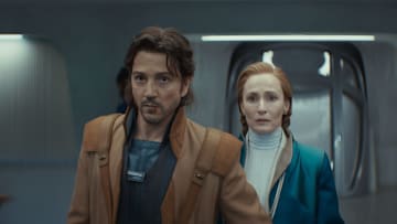(L-R) Cassian Andor (Diego Luna) and Mon Mothma (Genevieve O'Reilly) in Lucasfilm's Star Wars ANDOR Season 2, exclusively on Disney+. Photo courtesy of Lucasfilm. ©2025 Lucasfilm Ltd. & TM. All Rights Reserved.