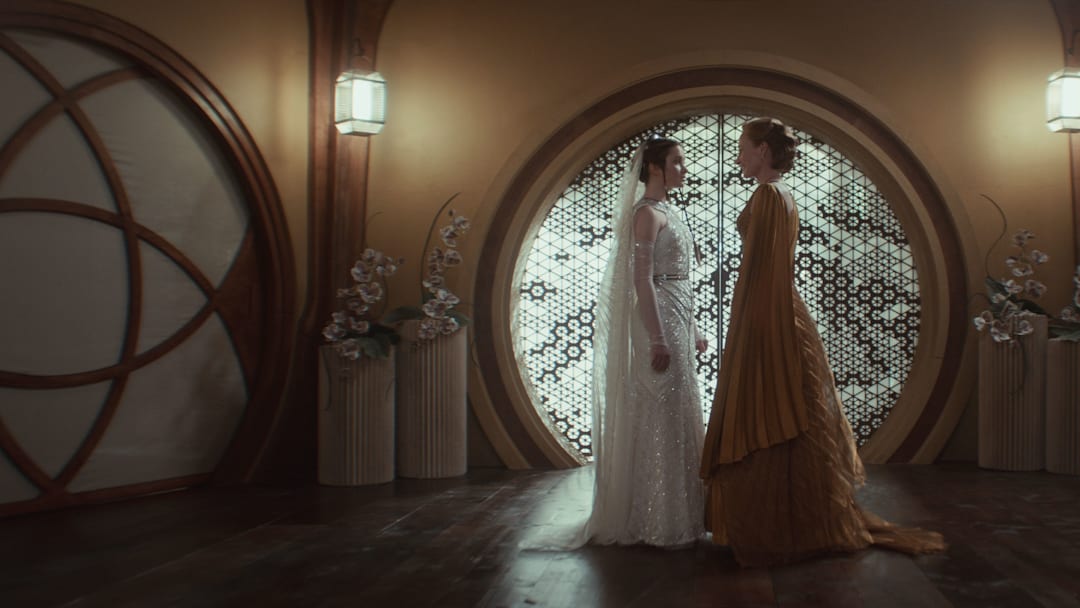 (L-R) Leida Mothma (Bronte Carmichael) and Mon Mothma (Genevieve O'Reilly) in Lucasfilm's Star Wars ANDOR Season 2, exclusively on Disney+. Photo courtesy of Lucasfilm. ©2025 Lucasfilm Ltd. & TM. All Rights Reserved.