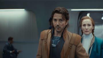 (L-R) Cassian Andor (Diego Luna) and Mon Mothma (Genevieve O'Reilly) in Lucasfilm's Star Wars ANDOR Season 2, exclusively on Disney+. Photo courtesy of Lucasfilm. ©2025 Lucasfilm Ltd. & TM. All Rights Reserved.
