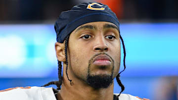 Oct 29, 2023; Inglewood, California, USA; Chicago Bears cornerback Kyler Gordon (6) on the field at the end of the game against the Los Angeles Chargers at SoFi Stadium. Mandatory Credit: Jonathan Hui-Imagn Images